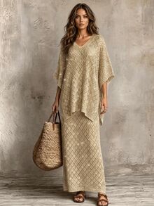 SHEIN Women's Fashion Diamond Lattice Pattern Gold Thread Glitter Multi-Wear Atmosphere Knit Two Pieces Set Dress - Apricot - View 9