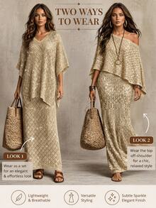 SHEIN Women's Fashion Diamond Lattice Pattern Gold Thread Glitter Multi-Wear Atmosphere Knit Two Pieces Set Dress - Apricot - View 4