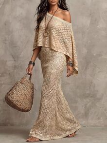 SHEIN Women's Fashion Diamond Lattice Pattern Gold Thread Glitter Multi-Wear Atmosphere Knit Two Pieces Set Dress - Apricot - View 5