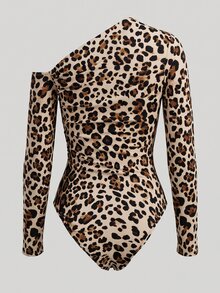 SHEIN ملابس علوية نسائية مثيرة بكتف واحد وطبعة نمر وأكمام طويلة ضيقة، ملابس علوية مطوية بقصة ضيقة ومرنة، مناسبة للارتداء اليومي والنادي والحفلات - لون مشمشي - مشاهدة 7
