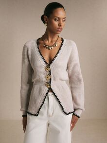 Poéselle Women's Beige Ribbed-Knit Cardigan–Deep V-Neck Cinched-Waist Sweater With Contrast Crochet Trim, Statement Gold Buttons&Pointed Hem Chic Fall/Winter - Apricot - View 3