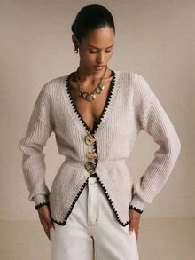 Poéselle Women's Beige Ribbed-Knit Cardigan–Deep V-Neck Cinched-Waist Sweater With Contrast Crochet Trim, Statement Gold Buttons&Pointed Hem Chic Fall/Winter - Apricot - View 4