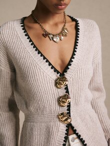 Poéselle Women's Beige Ribbed-Knit Cardigan–Deep V-Neck Cinched-Waist Sweater With Contrast Crochet Trim, Statement Gold Buttons&Pointed Hem Chic Fall/Winter - Apricot - View 2