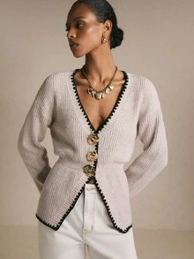 Poéselle Women's Beige Ribbed-Knit Cardigan–Deep V-Neck Cinched-Waist Sweater With Contrast Crochet Trim, Statement Gold Buttons&Pointed Hem Chic Fall/Winter - Apricot - View 6