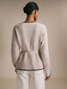 Poéselle Women's Beige Ribbed-Knit Cardigan–Deep V-Neck Cinched-Waist Sweater With Contrast Crochet Trim, Statement Gold Buttons&Pointed Hem Chic Fall/Winter - Apricot - View 5