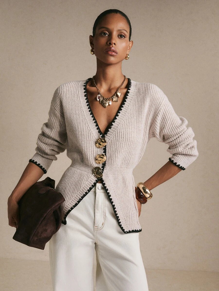 Poéselle Women's Beige Ribbed-Knit Cardigan–Deep V-Neck Cinched-Waist Sweater With Contrast Crochet Trim, Statement Gold Buttons&Pointed Hem Chic Fall/Winter - Apricot - View 1