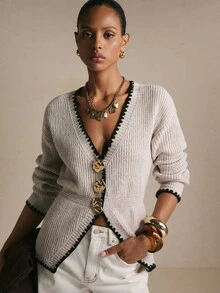Poéselle Women's Beige Ribbed-Knit Cardigan–Deep V-Neck Cinched-Waist Sweater With Contrast Crochet Trim, Statement Gold Buttons&Pointed Hem Chic Fall/Winter - Apricot - View 8