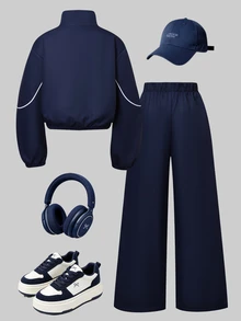 SHEIN 8-12 Years Old Girls Fashion 2pcs Set Zipper Cat Print Jacket & Straight White Striped Pants Navy Blue Versatile Style - Blue - View 3