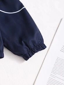 SHEIN 8-12 Years Old Girls Fashion 2pcs Set Zipper Cat Print Jacket & Straight White Striped Pants Navy Blue Versatile Style - Blue - View 5