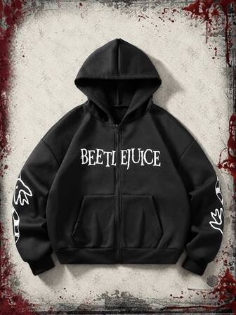 Beetlejuice X ROMWE Sudadera con capucha y bolsillo con cremallera con estampado de letras para hombre