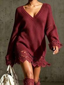 LUMIGAL Women's Elegant Lace Patchwork Sweater Dress For Evening Party - Burgundy - View 4