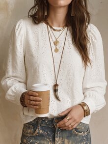SHEIN LUNE 女款鏤空刺繡泡泡長袖上衣，圓領寬鬆休閒波希米亞優雅鏤空襯衫，適合日常穿著、約會，白色秋季款 - 白色 - 查看 5