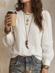 SHEIN LUNE 女款鏤空刺繡泡泡長袖上衣，圓領寬鬆休閒波希米亞優雅鏤空襯衫，適合日常穿著、約會，白色秋季款 - 白色 - 查看 6