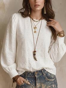 SHEIN LUNE 女款鏤空刺繡泡泡長袖上衣，圓領寬鬆休閒波希米亞優雅鏤空襯衫，適合日常穿著、約會，白色秋季款 - 白色 - 查看 3