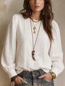 SHEIN LUNE 女款鏤空刺繡泡泡長袖上衣，圓領寬鬆休閒波希米亞優雅鏤空襯衫，適合日常穿著、約會，白色秋季款 - 白色 - 查看 1