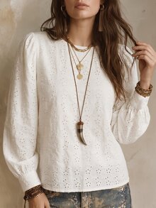 SHEIN LUNE 女款鏤空刺繡泡泡長袖上衣，圓領寬鬆休閒波希米亞優雅鏤空襯衫，適合日常穿著、約會，白色秋季款 - 白色 - 查看 4