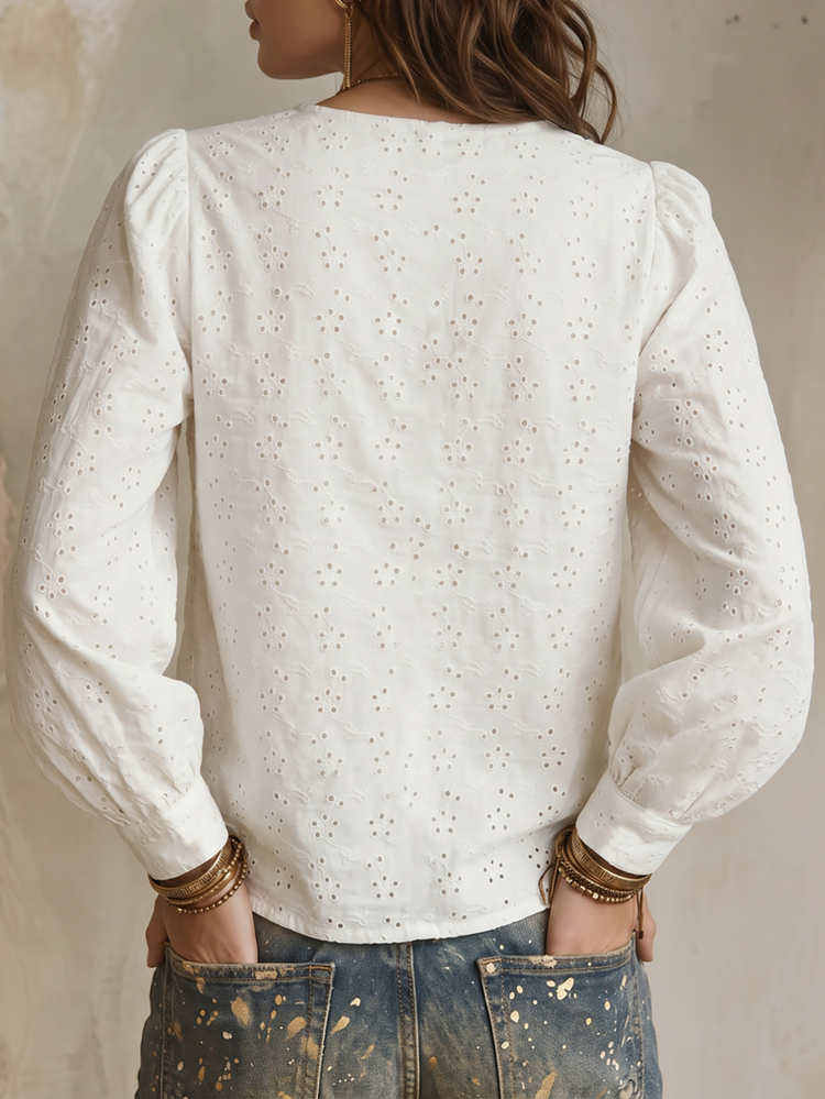 SHEIN LUNE Women's Eyelet Embroidery Puff Long Sleeve Top, Round Neck Loose Casual Hollow Out Blouse For Daily Wear - White - View 2