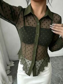RosyDaze 女款性感透視橄欖綠鈕扣蕾絲拼接上衣，適合夜生活、約會之夜、夏季穿著 - 軍綠色 - 查看 7