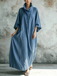 Linhara CURVE Plus Size Simple Versatile Pocket Button Dress For Daily Wear - Blue - View 6
