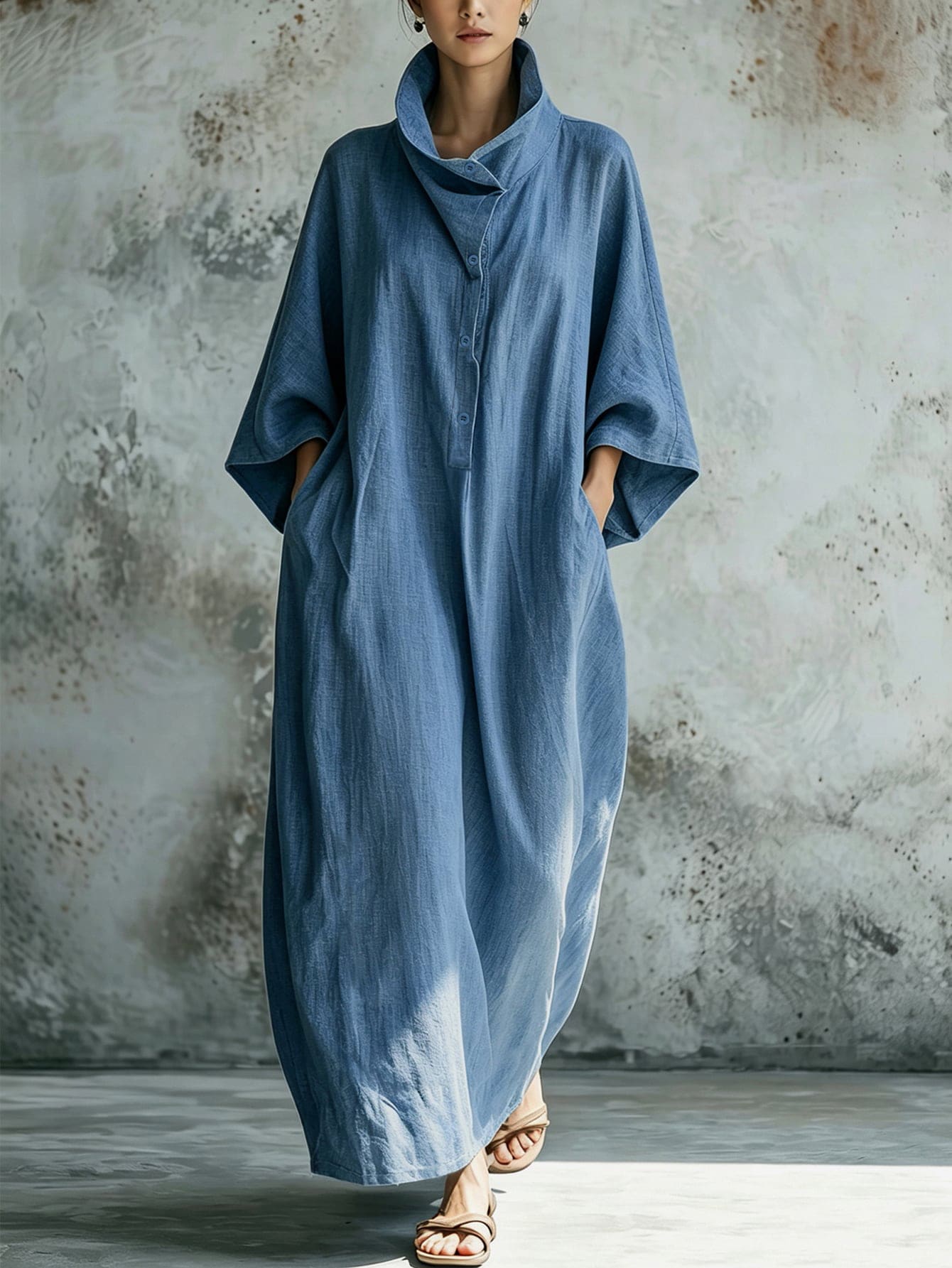 Linhara CURVE Plus Size Simple Versatile Pocket Button Dress For Daily Wear - Blue - View 1