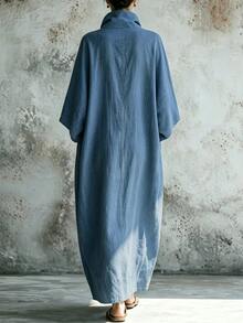 Linhara CURVE Plus Size Simple Versatile Pocket Button Dress For Daily Wear - Blue - View 2