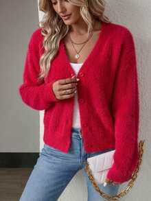 SHEIN 女款素色休閒百搭日常開襟衫 - 紅色 - 查看 6