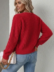 SHEIN 女款素色休閒百搭日常開襟衫 - 紅色 - 查看 2