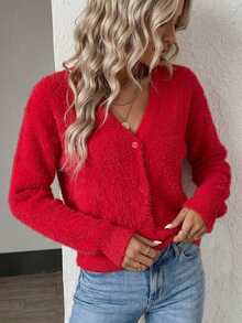 SHEIN 女款素色休閒百搭日常開襟衫 - 紅色 - 查看 4