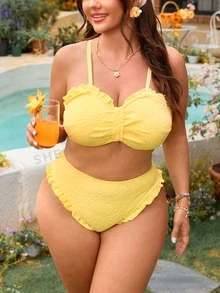 SHEIN Swim 2026新款加大码女士黄色优雅可拆卸肩带泳装套装，适合海滩和泳池，夏季和春季穿着 - 黃色 - 查看 6
