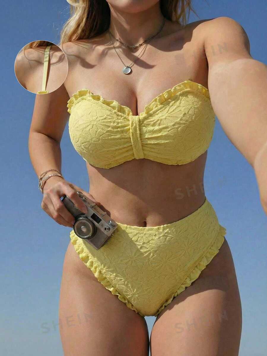 SHEIN Swim 2026新款加大码女士黄色优雅可拆卸肩带泳装套装，适合海滩和泳池，夏季和春季穿着 - 黃色 - 查看 1