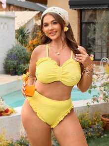 SHEIN Swim 2026新款加大码女士黄色优雅可拆卸肩带泳装套装，适合海滩和泳池，夏季和春季穿着 - 黃色 - 查看 4