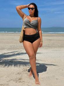 Swim Vcay Plus Size Women's Ribbed Ribbed Print Underwire Push-Up Criss-Cross Design Top With Black Ribbed Ruched Tummy Control Minimalist Sexy Summer Beach Swimwear Set - Black and White - View 3