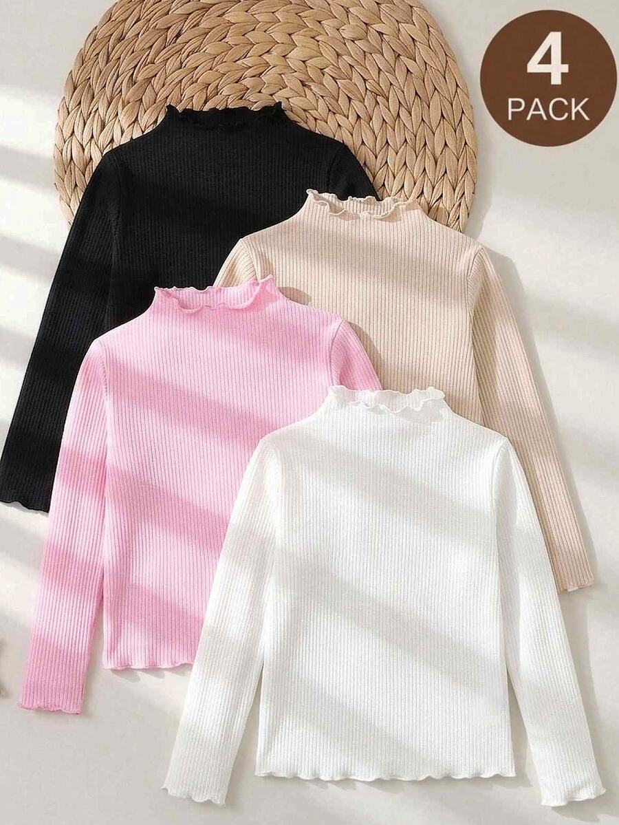 SHEIN 4 قطع تي شيرتات للفتيات المراهقات للمدرسة باللون الأسود والبيج والوردي الفاتح والأبيض، كاجوال أساسي للخريف - متعدد الألوان - مشاهدة 1