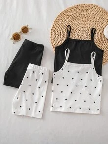 Young Girl Young Girl Knit Solid Color Heart Pattern Camisole Top & Shorts Underwear 4pcs -Piece Set - Multicolor - View 2