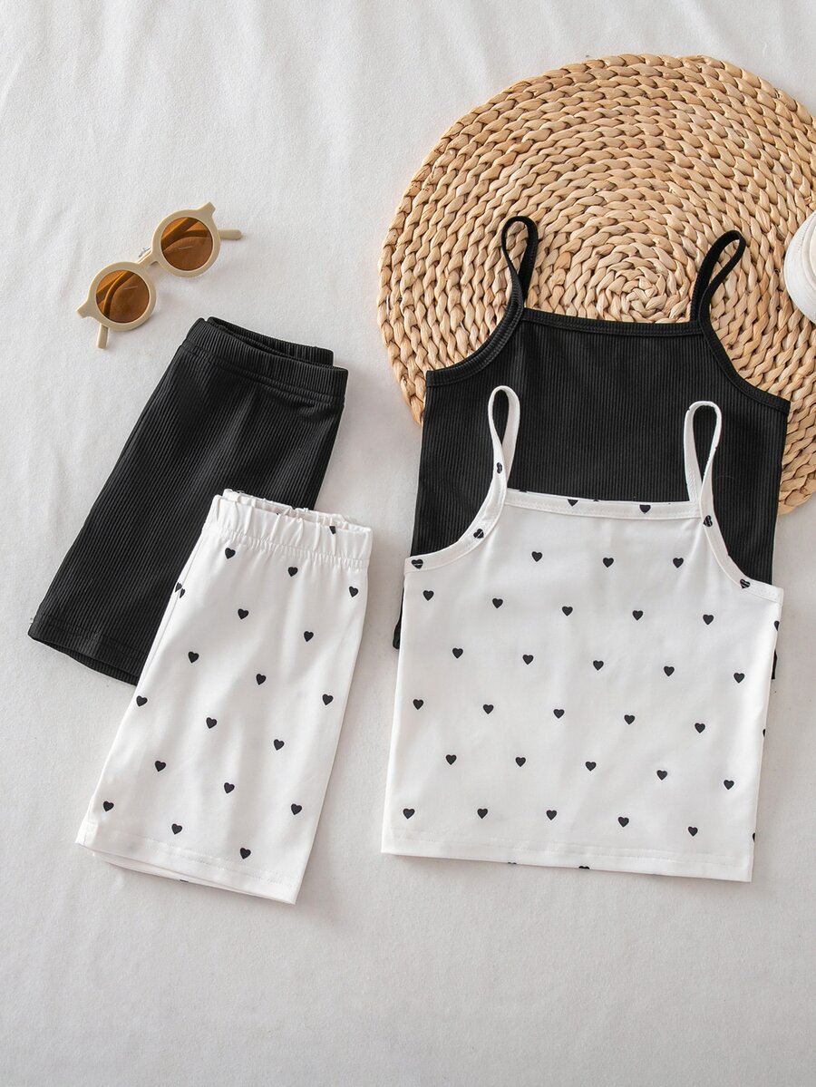 Young Girl Young Girl Knit Solid Color Heart Pattern Camisole Top & Shorts Underwear 4pcs -Piece Set - Multicolor - View 1