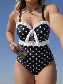 SHEIN Swim 2026新款春夏大尺碼女款黑白波點荷葉邊可愛泳衣，適合海灘派對，性感 - 黑與白 - 查看 3