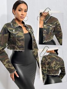 BriallanyX BriallanyX Camo Print Raw Hem Crop Denim Jacket - Multicolor - View 3