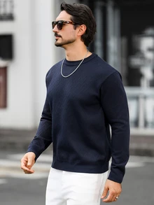Marcello Vane 男士純色休閒百搭日常穿著長袖針織衫 - 淺灰色 - 查看 6