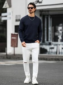 Marcello Vane 男士純色休閒百搭日常穿著長袖針織衫 - 淺灰色 - 查看 3