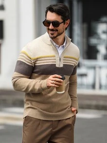 Claim Dot Men's Striped Long Sleeve Zip-Up Half-Placket Casual Sweater Yellow - Apricot - View 4