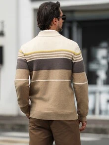 Claim Dot Men's Striped Long Sleeve Zip-Up Half-Placket Casual Sweater Yellow - Apricot - View 2