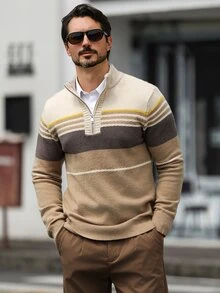 Claim Dot Men's Striped Long Sleeve Zip-Up Half-Placket Casual Sweater Yellow - Apricot - View 5