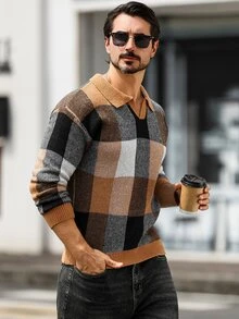 Marcello Vane 男士格紋翻領長袖休閒百搭針織衫 - 彩色 - 查看 6