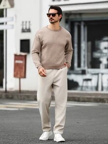 Manfinity Homme 男士全印花日常穿著長袖針織衫，Ins風，華麗派對，街頭成熟，寬鬆版型米色秋季，正式，老錢風 - 駝色 - 查看 3