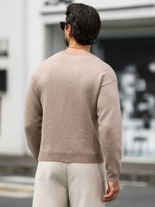 Manfinity Homme 男士全印花日常穿著長袖針織衫，Ins風，華麗派對，街頭成熟，寬鬆版型米色秋季，正式，老錢風 - 駝色 - 查看 2
