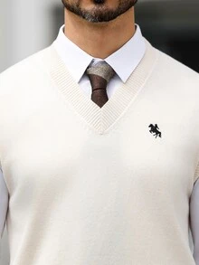 Marcello Vane 男士騎士刺繡V領百搭針織背心，Ins風，華麗派對，街頭成熟，寬鬆版型白色針織背心，秋季，正式，老錢風 - 彩色 - 查看 3
