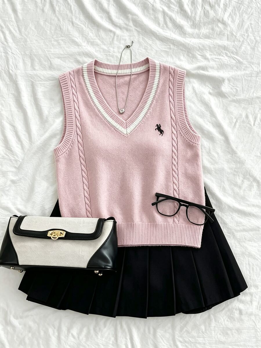Elamini Pink V-Neck Contrast Color Pony Embroidery College Casual Cute Vacation Commute Fashion Knit Vest For Women - Pink - View 1
