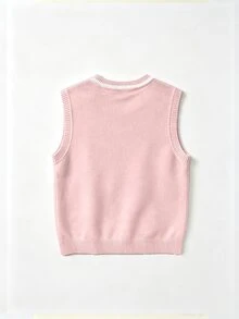 Elamini Pink V-Neck Contrast Color Pony Embroidery College Casual Cute Vacation Commute Fashion Knit Vest For Women - Pink - View 2