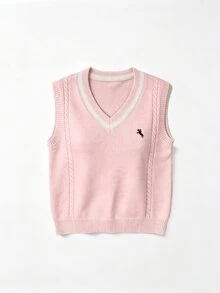 Elamini Pink V-Neck Contrast Color Pony Embroidery College Casual Cute Vacation Commute Fashion Knit Vest For Women - Pink - View 3