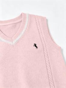 Elamini Pink V-Neck Contrast Color Pony Embroidery College Casual Cute Vacation Commute Fashion Knit Vest For Women - Pink - View 4